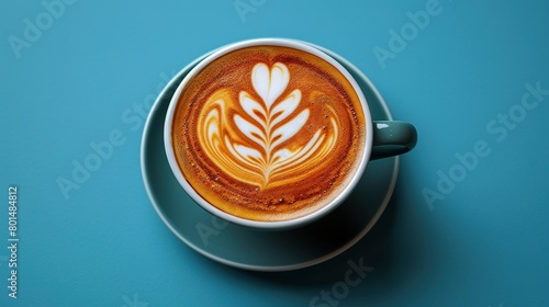  A cup of cappuccino on a saucer featuring a leaf design on its surface