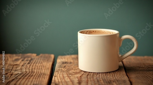   A close-up of a coffee cup on a wooden table against a green background