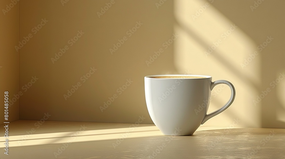 A white coffee cup rests atop a table, beside a sunbeam streaming through a nearby window A white coffee cup rests atop a table, beside a sunbeam streaming through a nearby window