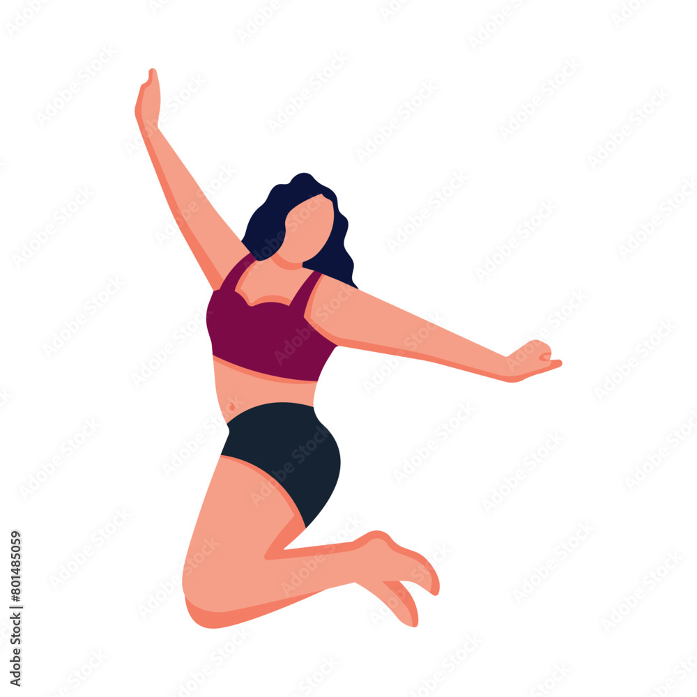 The girl jumped for joy. Express positive emotions. Body positivity in flat style. Concept of self-love and self-acceptance. Girl on vacation in a swimsuit. The girl jumped for joy. Express positive emotions. Body positivity in flat style. Concept of self-love and self-acceptance. Girl on vacation in a swimsuit.