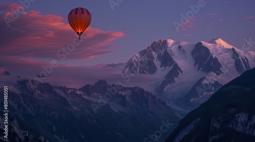 a colorful hot air balloon gliding gracefully over the breathtaking French Alps, as passengers inside the wicker basket enjoy the awe-inspiring aerial vista below. © lililia