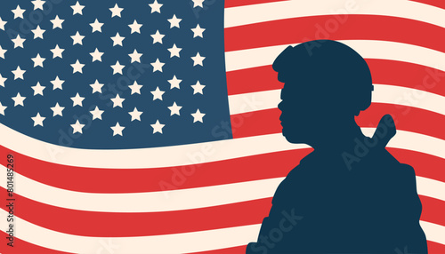 Memorial day background. The silhouette of a soldier and american flag. Vector flat illustration. 