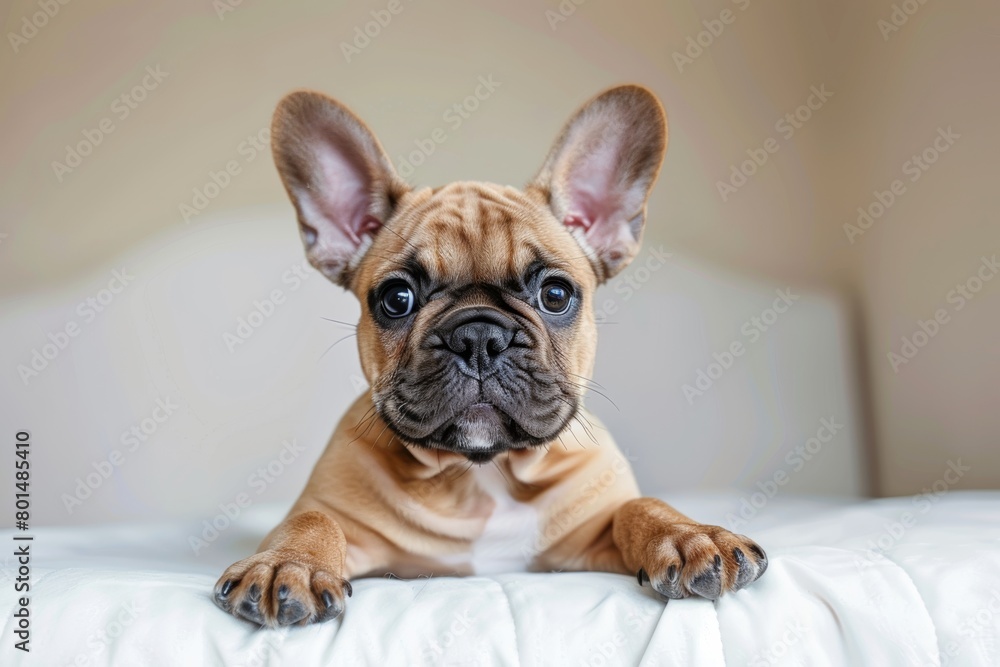  A cute brown French Bulldog puppy with big ears is sitting on the white bed