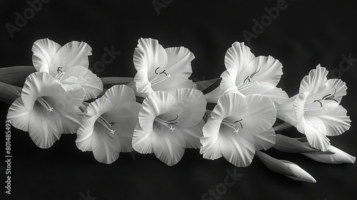   A cluster of white blossoms resting together on a dark background  with a single bloom centered in the frame