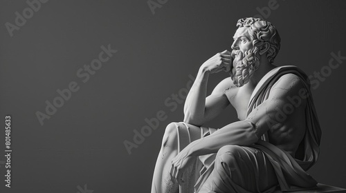 minimalist digital render of a stoic greek philosopher deep in thought black and white concept illustration