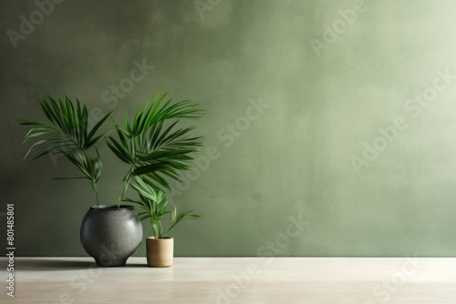 Green minimalistic abstract empty stone wall mockup background for product presentation. Neutral industrial interior with light, plants