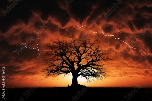 Conceptual image with lightning striking an oak tree in the field
