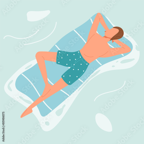 Young man in swimsuit lying on the inflatable mattress in the sea. Vector illustration