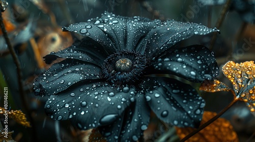  A black flower with water droplets and a green plant in front