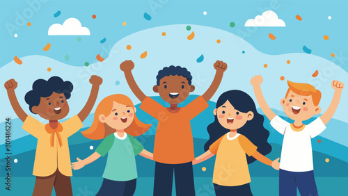 A grand finale with all the children coming together holding hands and singing We Shall Overcome as confetti falls from the sky symbolizing the end of. Vector illustration