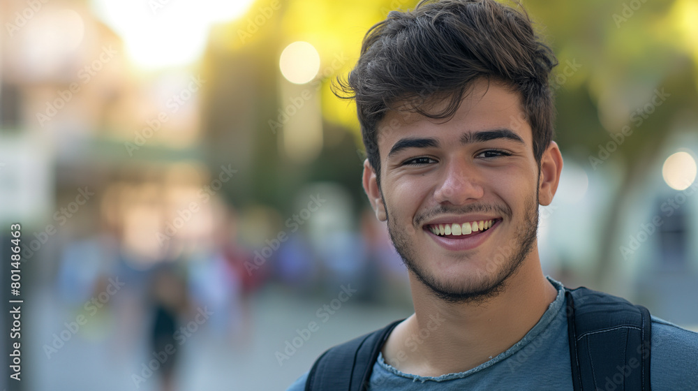 homem jovem sorrindo na cidade com o fundo desfocado - Perfil