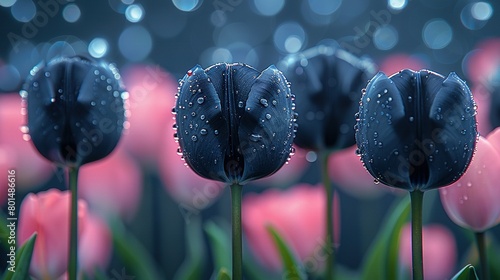   A collection of pink tulips surrounded by blue and pink tulips with water droplets, serving as a backdrop #801486616