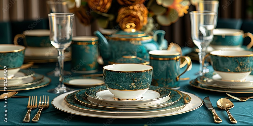 Elegant teal table setting with stylish dinnerware Elegant teal table setting with stylish dinnerware