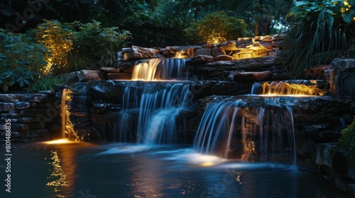 modern waterfall wall at night  home garden