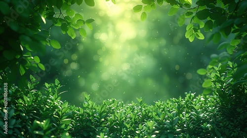   A verdant forest brims with countless green foliage and sunlight filtering through tree canopies photo