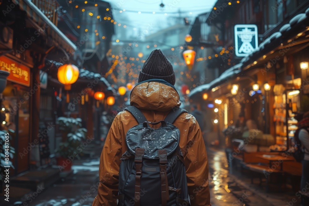 Traveler in snowy street with oriental lamps Traveler in snowy street with oriental lamps