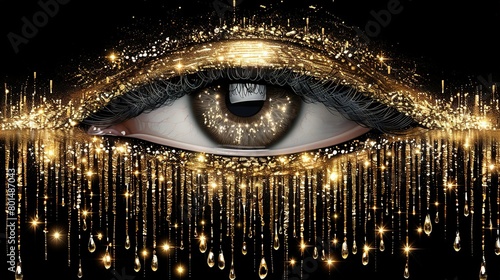   Close-up of person's eye with lots of gold sparkles on the outside photo