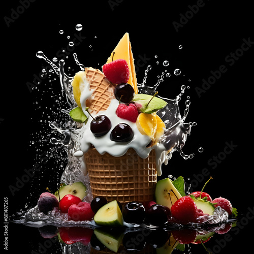 An image of eye catching different ice cream flavors in waffle cones  Ice Cream cones surrounded by fruits  nuts and water splashes in black background