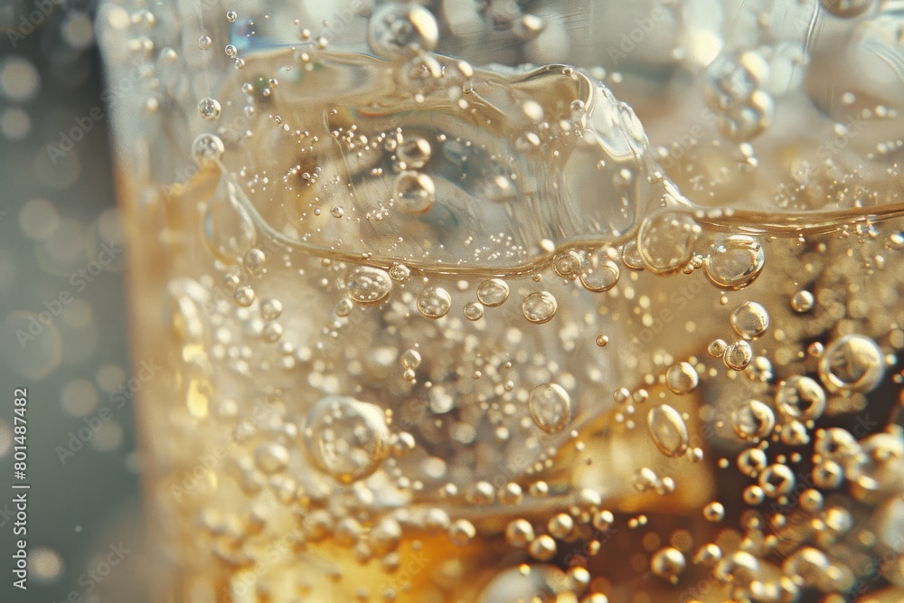 Close-up of bubbles fizzing in a soda glass with ice, refreshing and carbonated drink Close-up of bubbles fizzing in a soda glass with ice, refreshing and carbonated drink