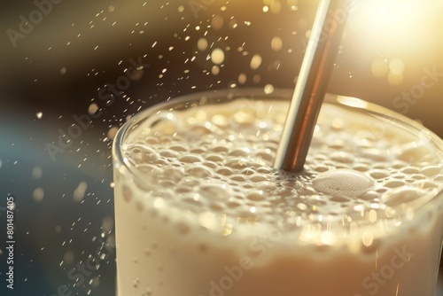 Close-up of metal straw in tall glass of milkshake, condensation droplets sparkling in sunshine