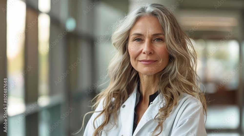 A middle-aged woman with long, flowing hair and a lab coat A middle-aged woman with long, flowing hair and a lab coat