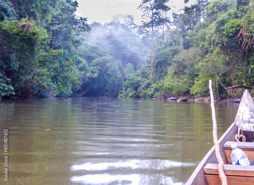 A boat tour in Bako National Park, Malaysian Borneo. A ride through the mangrove jungle. Front of the boat visible to the right. Muddy color of the sea. Thick and dense forest around the river. photo