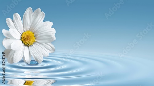  Close-up of a water surface with a floating flower in the center and a blue sky backdrop