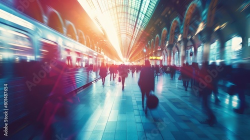motion blur of walking people in busy train station modern urban life concept illustration