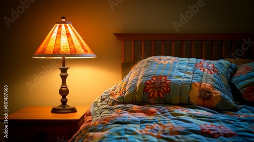   A lamp on a nightstand, beside a bed with a quilted coverlet and a plumped pillow photo