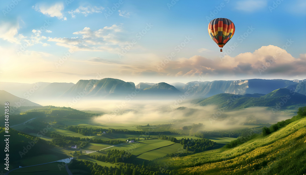 Obraz premium Big hot air baloon over idyllic landscape with green grass covered morning mountains with distant peaks and wide valley full of thick white cloudy fog