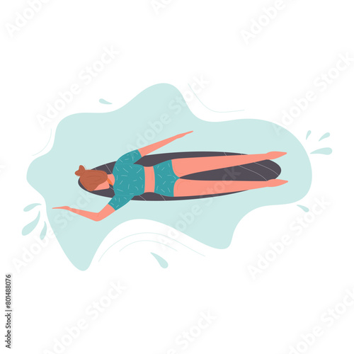 Illustration of a woman in a blue wetsuit lying prone on her surfboard while surfing a gentle wave, focused on navigating.