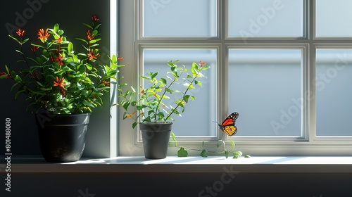   A butterfly rests beside potted plants on a window sill