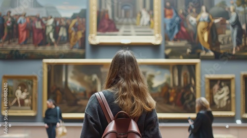 museum visitor admiring renaissance paintings art gallery interior rear view photo