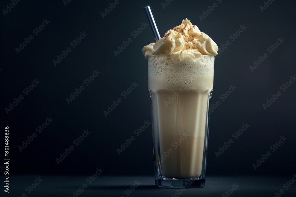 A straw submerged in a tall glass of frothy milkshake against a dark backdrop. A straw submerged in a tall glass of frothy milkshake against a dark backdrop.