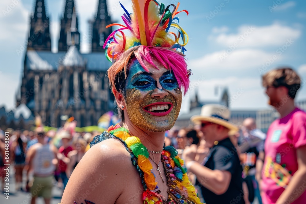  happy male drag queen celebrating, age 30, colorful makeup and hair, colorful people in the background, carnival 