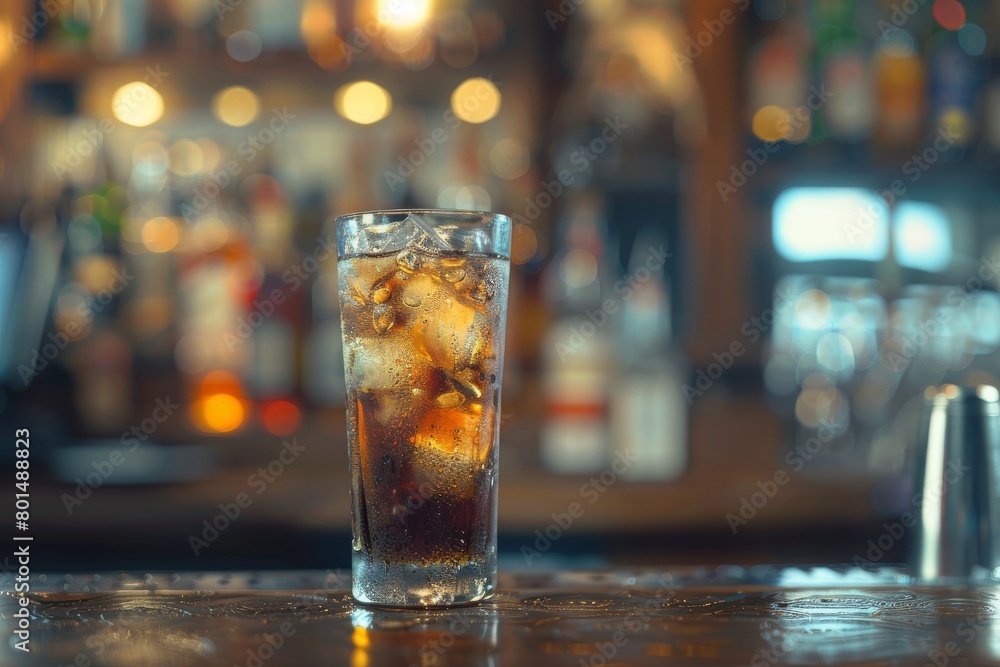 A tall glass of soda with ice cubes, sitting on a bar counter. A tall glass of soda with ice cubes, sitting on a bar counter.