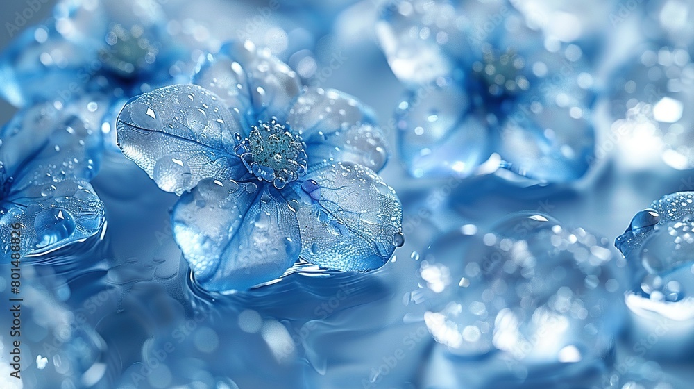 Blue flowers on ice cubes on blue surface Blue flowers on ice cubes on blue surface