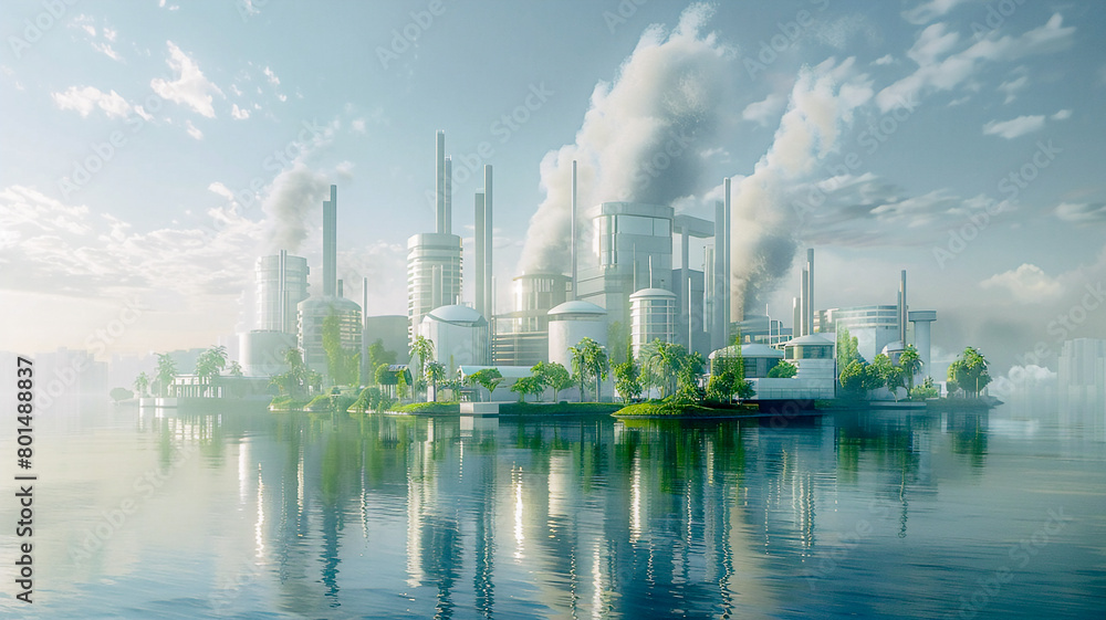 Naklejka premium futuristic factory with good enviroment,Eco-friendly factory green factory concept,zero carbon future.