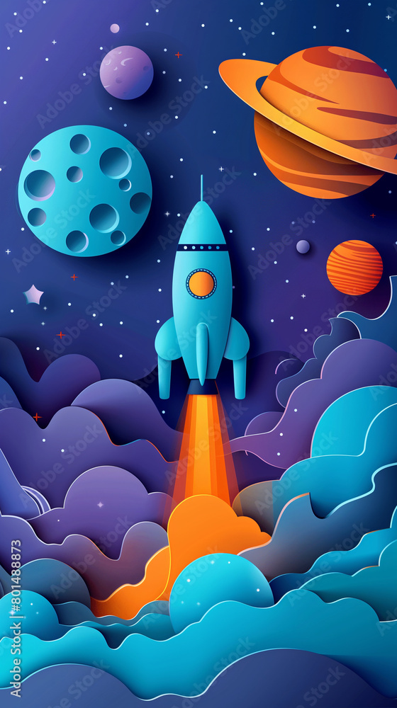 Space background with rocket and planets in paper cut style Space background with rocket and planets in paper cut style