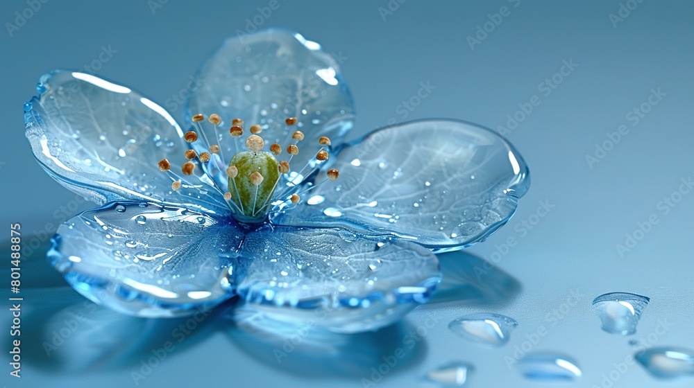 A close-up of a blue flower with water droplets on the petals and the inner petals A close-up of a blue flower with water droplets on the petals and the inner petals