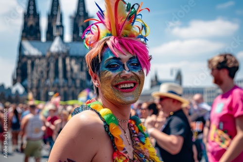  happy male drag queen celebrating, age 30, colorful makeup and hair, colorful people in the background, carnival  photo