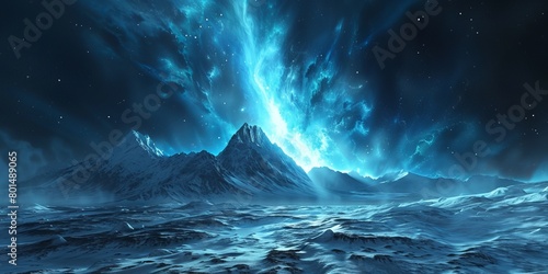 Blue Aurora Borealis over Rugged Landscape. Majestic Northern Lights Background with copy-space.