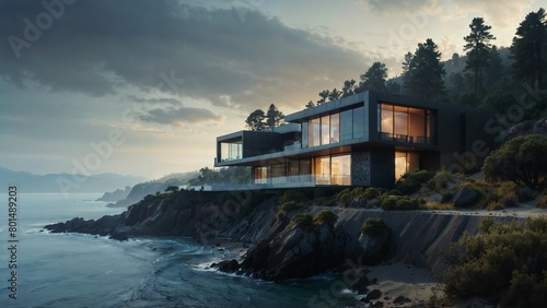 A house built on top of a cliff, overlooking the vast expanse of the ocean below, providing a stunning view of the water photo