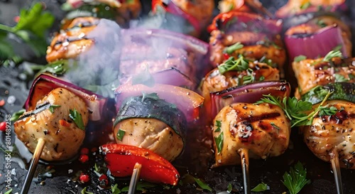Grilled chicken shish kebabs with vegetables perfect for summer BBQ gatherings. Concept BBQ, Grilled Chicken, Shish Kebabs, Vegetables, Summer Gathering photo