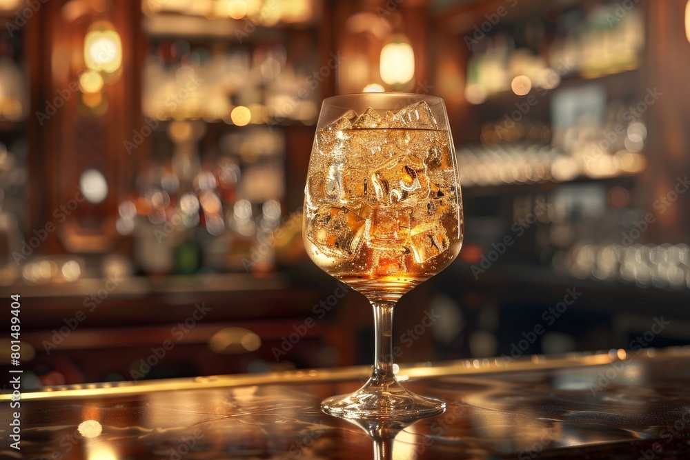 An elegant cocktail glass filled with sparkling soda and ice cubes. An elegant cocktail glass filled with sparkling soda and ice cubes.