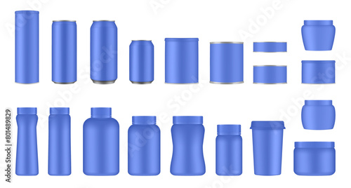 Set of blue tin cans and jars. Coffee or tea canister. Tin can for preserves or pet food. Beer, cocktail or soda can. Chips tube. Cookie jar. Round box for sugar or flour
