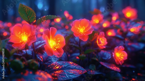   Close-up image of several flowers, illuminated by lights situated within the center of each petal and stem, surrounded by lush foliage © Sonya