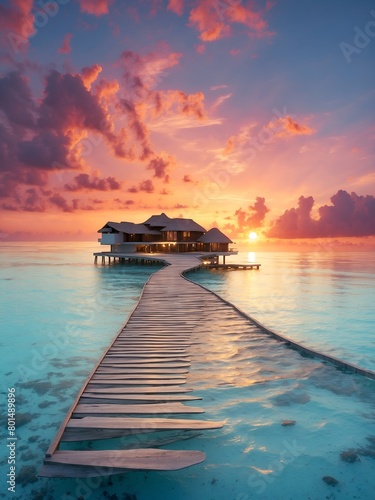 a pier with a house on the water and a sunset in the background