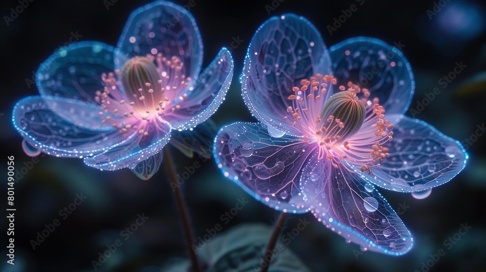 Two purple flowers with water droplets and a green leaf Two purple flowers with water droplets and a green leaf