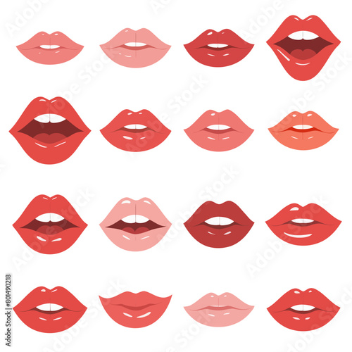 A collection of stylized red lips showcasing various expressions and shades from light pink to deep red  suitable for beauty and fashion illustrations.